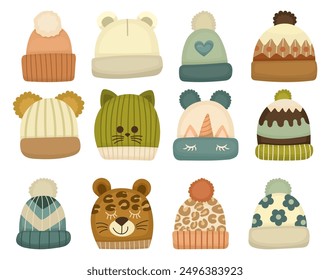 Large set in modern cartoon style different warm for autumn and winter. Children's and adults headdress, illustration