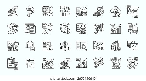 Grande conjunto de ícones de linha modernos para negócios, finanças e gerenciamento de projetos. Perfeito para IU, web design e infográficos. Símbolos vetoriais totalmente editáveis.