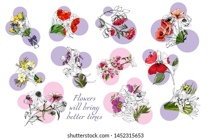 Large set with monochrome and color different flowers and pink and lilac circles. Hand drawn ink and colored  elements in sketch style. Vector illustration.