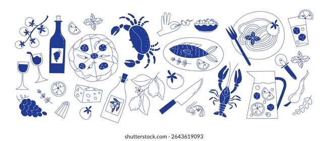 Large Set of Monochrome Modern Mediterranean Cuisine Elements in Flat Style Featuring Seafood Pasta Pizza Wine Olives and More