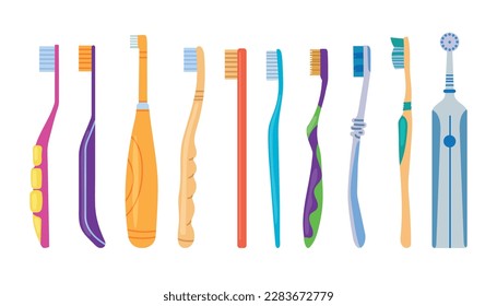 Large set of mouth cleaning tools. Various toothbrushes. An electric toothbrush. Dental hygiene, oral care concept. Vector illustration.