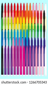 A large set of multi-colored markers. The color palette of a set of markers. Markers for drawing and art lessons.