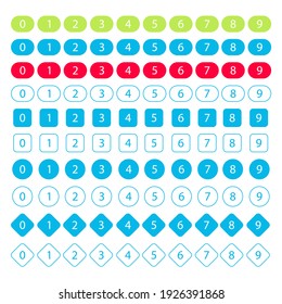 Large set of multicolored notification icons with numbers. Easily editable vector. 