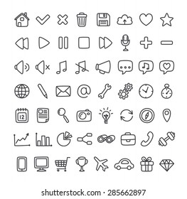 Large set of multipurpose interface icons for web or apps: communication, media, shopping and more. Clean and minimalistic, but with a personal hand drawn feel. Thin line icons isolated on white.