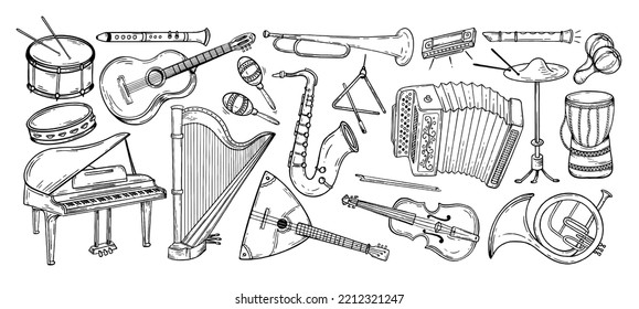 Large set musical instruments hand drawn style. Vector black and white doodle illustration