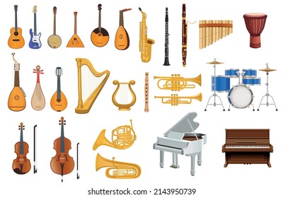 Large set of musical instruments on a white background.Strings, keyboards, percussion, wind instruments.