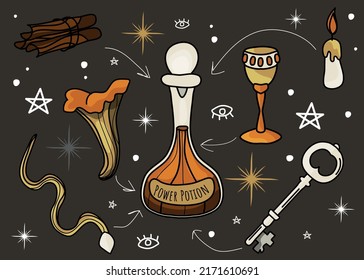 A large set of mystical and magical elements. Vector illustration. Items for divination and magic. Mushrooms, potion, goblet, cinnamon, candle, key, snake. A symbol of witchcraft.