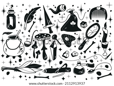 A large set of mystical and magical elements. Vector illustration. Items for divination and magic. Mushrooms, potions, herbs, runes, crystals, scrolls, mirror, candles. A symbol of witchcraft.
