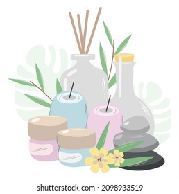 Un gran conjunto de cosméticos naturales del spa en tonos pastel. Aceite esencial, ramas verdes de bambú, piedras negras de spa, hidratante, flores de vainilla, palos de incienso, velas. Spa doméstico. Vector aislado.