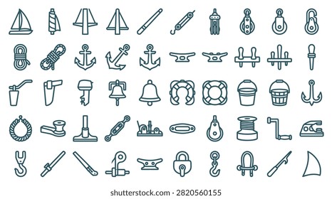 Large set of nautical and sailing equipment line icons featuring various anchors, pulleys, ropes, cleats, lifebuoys, ship bells, boat motors, and deck hardware for maritime navigation.
