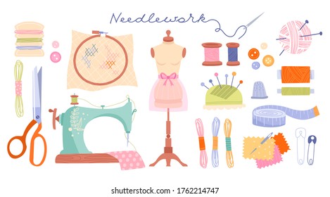Large set of needlework icons with sewing machine, threads, scissors, dummy, tape and accessories, colored vector illustration