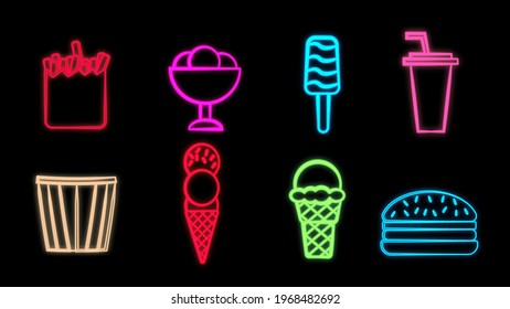 Large set of neon bright glowing delicious sweet food and treats, fast food, burger treats, popcorn, fries, soda, ice cream for use as an icon, logo or sign