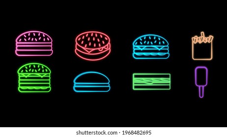 Large set of neon bright glowing delicious sweet food and treats, fast food, burgers, sandwiches, fries and ice cream treats for use as an icon, logo or sign