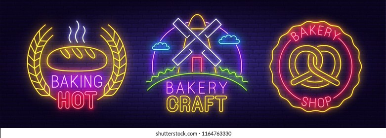 Large set of neon icons. Bakery label and logo. Fresh pastry. Bakery craft. Mill. Neon sign, light banner. Set of logos. Vector image