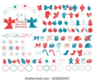 A large set of New Year and Christmas icons. Hand drawing. Can be used for New Year's stories, for bloggers, photographers and decorators