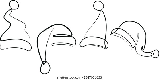 grande conjunto de chapéus de Ano Novo de Papai Noel desenhado com contornos diferentes no estilo da arte da linha
