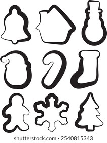 large set of New Year's icons, namely Santa's New Year's face, candy, Santa's sock, a bell, snowflakes and a Christmas tree drawn in line art style