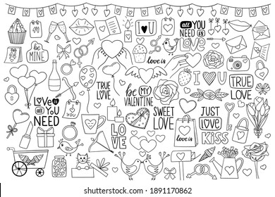 A large set of objects in doodle style on the theme of Valentine's Day. A collection of simple contour design elements drawn by hand and isolated on a white background.Black white vector illustration