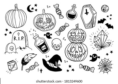 Large set of objects for Halloween symbols. October night celebration, simple black and white linear vector illustration with scary objects: pumpkin, witch hat, grave, poison, candy, spider web, ghost