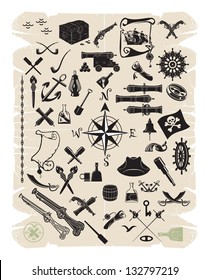 Large set of objects and pirate characters, vector