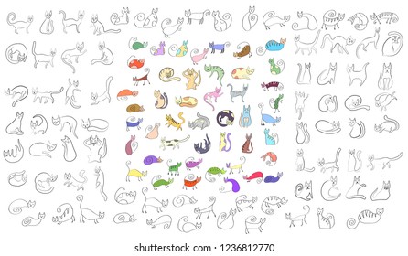 Large set of odd funny primitive style cats. Freehand drawing, line art, doodle style icon. Cute cats expressing different emotions.