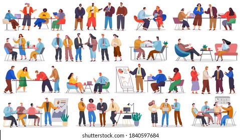 Large set of office workers, business partners, boss, subordinates, managers. Project presentations, business meetings. Lot of people in office. Project presentation, analytics. Negotiation process