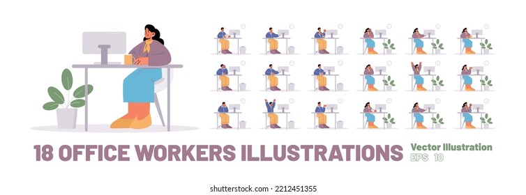 Large set of office workers flat vector illustration. Male and female characters sitting at computer desk isolated on white background. Happy, satisfied with success, sad and tired of stressful job