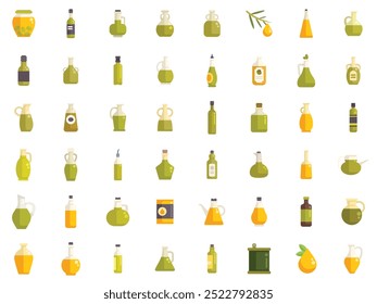 Large set of olive oil bottles with different containers and jars presenting cooking ingredient for healthy vegetarian salad dressing