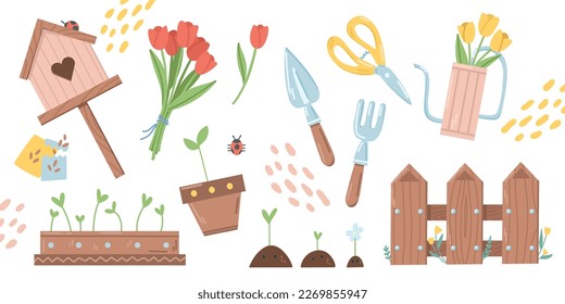 A large set on a spring theme, a birdhouse, flowers in a watering can, garden shears and a fence