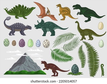 A large set on the theme of dinosaurs. Clipart of dinosaurs, eggs, ferns, palm leaves, volcano. Color illustrations in vintage retro style.