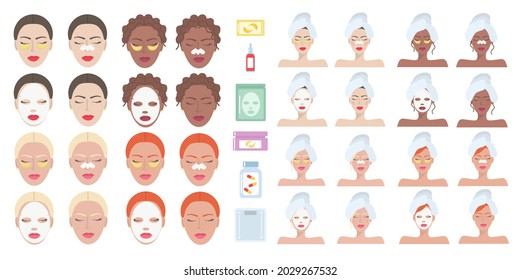 amplio conjunto sobre el tema del cuidado facial de la piel. La colección incluye rostros de mujeres con rubias, brunetas, pelirrojos e imágenes de máscaras faciales de belleza, cremas, jarras con sueros y tabletas