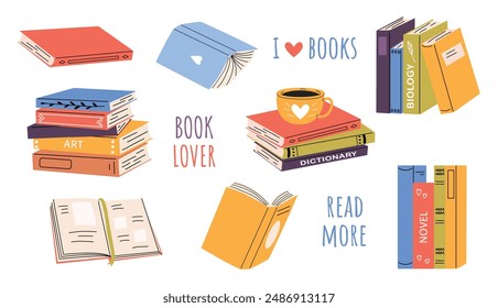 Large set with open and closed textbooks, stacks of books in different positions. Concept for World Book and Copyright Day, Book lovers day. White isolated background.