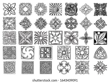 Large set of ornaments, square rosette. Carving patterns of decorative leaves, acanthus, French cartouches, various scroll and shell elements. Tiles art Victorian design and hand engraving.