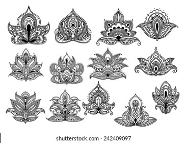 Large set of ornate black and white paisley vector floral design elements or motifs with intricate patterns