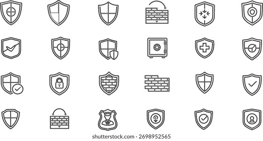 Grande conjunto de ícones vetoriais de contorno para segurança, proteção, segurança e ciberdefesa digital