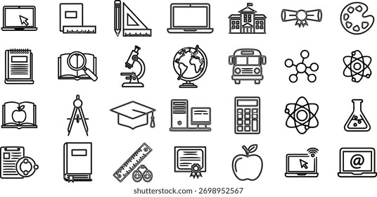 Large Set of Outline Vector Icons Representing Education, School, Science and Learning
