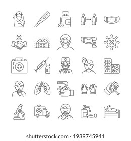 Large Set Of Outlined Black And White Vector Line Icons For Flu Prevention And Symptoms Showing Healthcare Symbols, Face Masks, Bacteria, Viruses, Treatment And Sick People