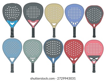 Grande conjunto de palas de pádel con varias Formas de cabeza, patrones de perforación y variaciones de color, aisladas sobre fondo blanco. Ideal para catálogos de equipos deportivos, anuncios de comercio electrónico, marca y Materiales promocionales de pádel.