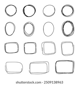 Un Grande conjunto de marcos negros abstractos pintados de forma redonda y cuadrada aislados en blanco. Un elemento vacío para un diseño con texto, decoración. Formas geométricas gráficas. Una colección de círculos, óvalos.