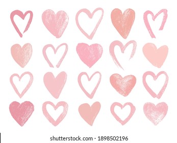 Gran conjunto de corazones rosa pálido. Hermosos corazones texturados para la tarjeta de San Valentín. Diferentes íconos del corazón. Ilustración vectorial aislada en fondo blanco.