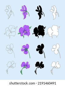 Large set of pansies flowers in single line, doodle, outline and black silhouette style. Stock vector illustration on blue background.