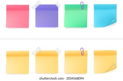 Large set of paper note stickers with additional elements of paper clips and tape. Color illustration in two states, can be used for hover on web sites. Gradient mesh volumetric figure of notepaper.