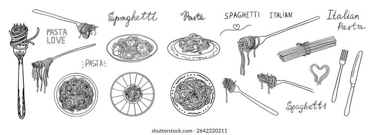 Large set of pasta, Italian cuisine, spaghetti. Fork with spaghetti. Pasta time. Pasta lover. Hand drawn. Great for menu design, banners, sites, packaging. Vector illustration EPS10 in Doodle style.