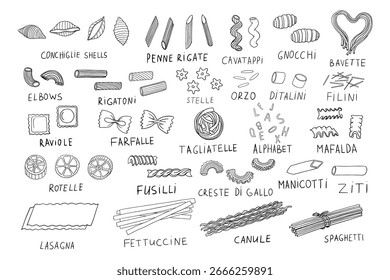 Grande conjunto de tema de pasta. Pasta de diferentes Formas. Cocina italiana. Dibujado a mano.