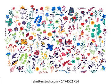 Large set of pattern of flowers. Vector. Decorative floral elements for a flower shop. Carpet from plants. Botany and floristry. Ornament for fabric. Summer and spring grass.