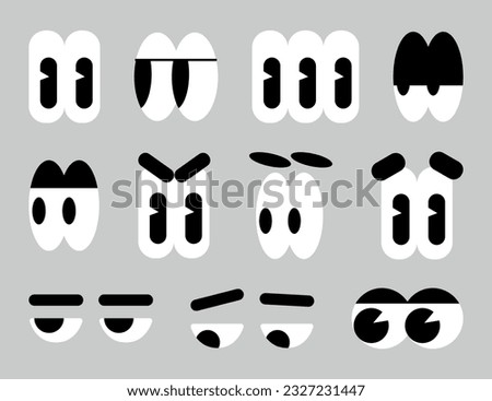 Large set of people character cartoon eyes depicting a variety of expressions with anger, sadness, surprise and happiness. Vector flat illustration isolated on white background