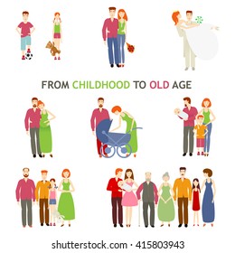 large set of people of different ages, vector flat is isolated on a white background, life, from birth to old age, story of love, family history, growing up people, small to old, set family love store