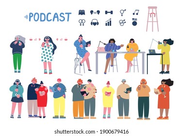 Large set of people record and listen to podcasts singly and in pairs in the studio. Cartoon. 