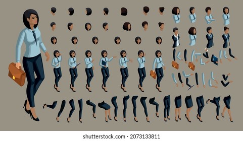 Large set of people's emotions in isometric to create own character. 3d business African American woman with a set of hand gestures in a business suit. For vector illustrations.