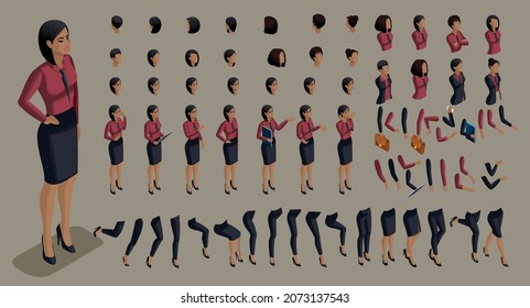 Large set people's emotions in isometric to create own character. 3d business African American woman with a set of emotions and gestures of hands. For vector illustrations.